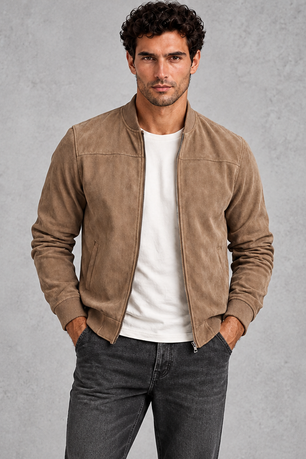 Men's Suede-Look Bomber Jacket – Taupe