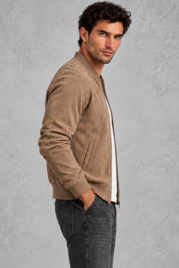 Men's Suede-Look Bomber Jacket – Taupe