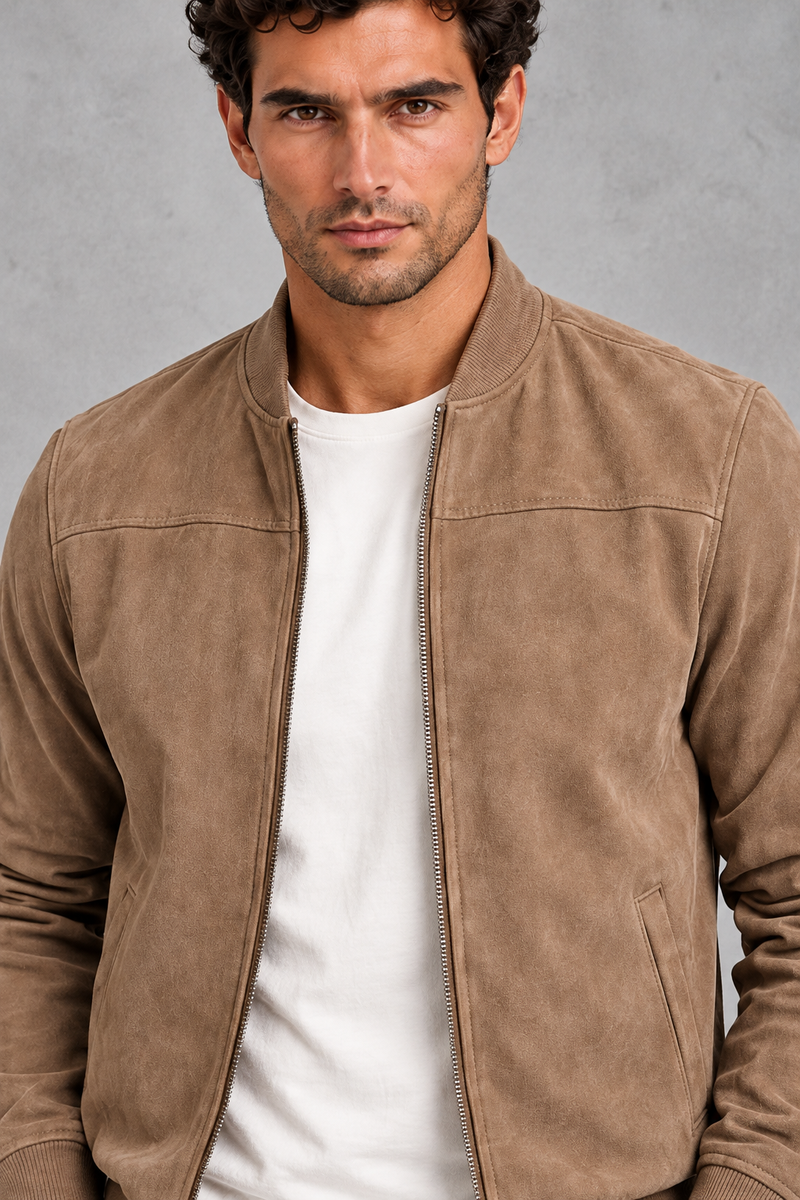 Men's Suede-Look Bomber Jacket – Taupe