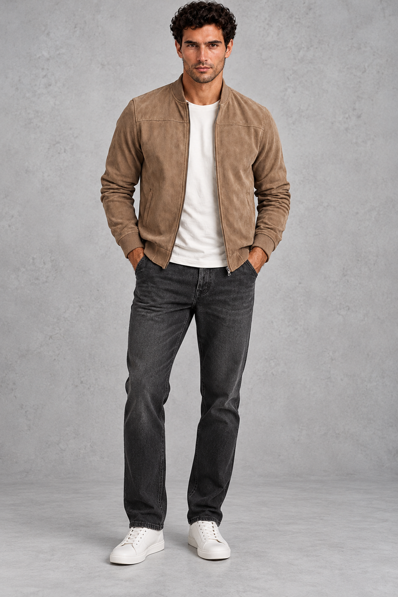 Men's Suede-Look Bomber Jacket – Taupe
