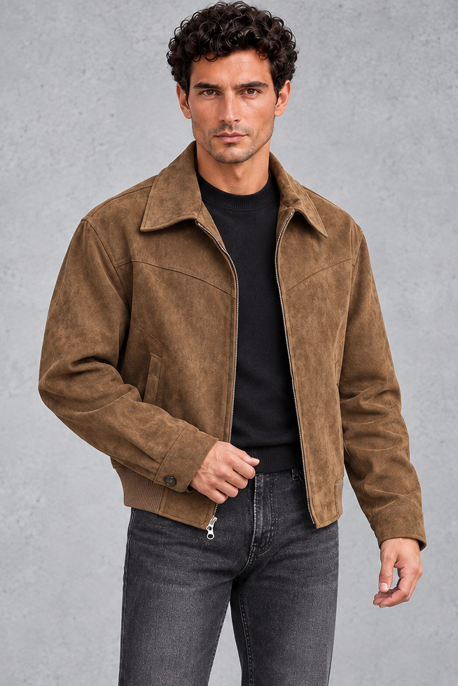 Men's Suede-Look Western Jacket in Brown – front view
