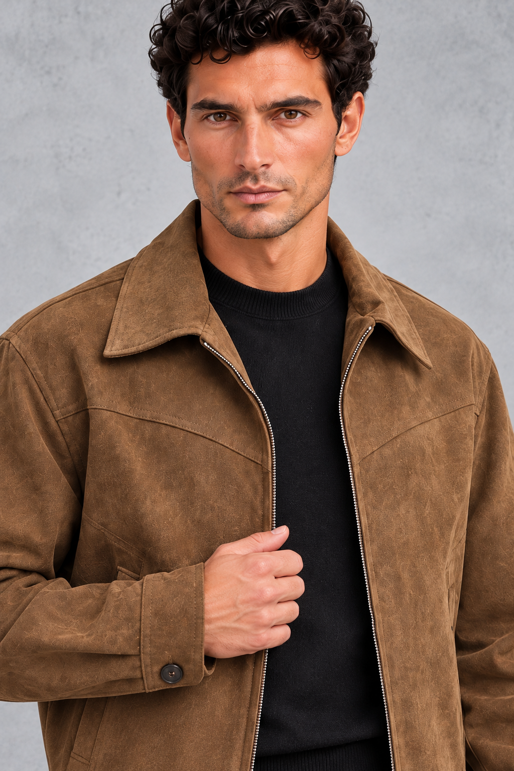 Men's Suede-Look Western Jacket in Brown – close-up