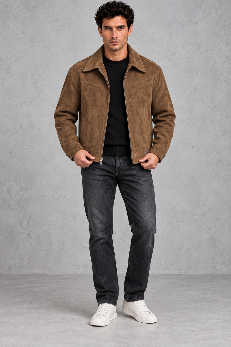 Men's Suede-Look Western Jacket in Brown – full-length view