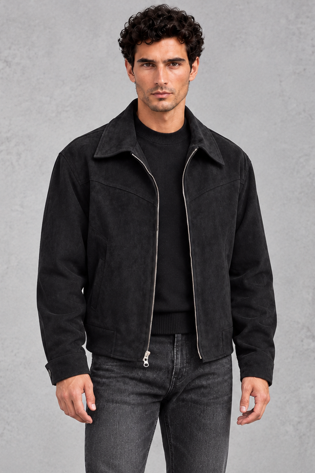 Men's Suede-Look Western Jacket in Black – front view