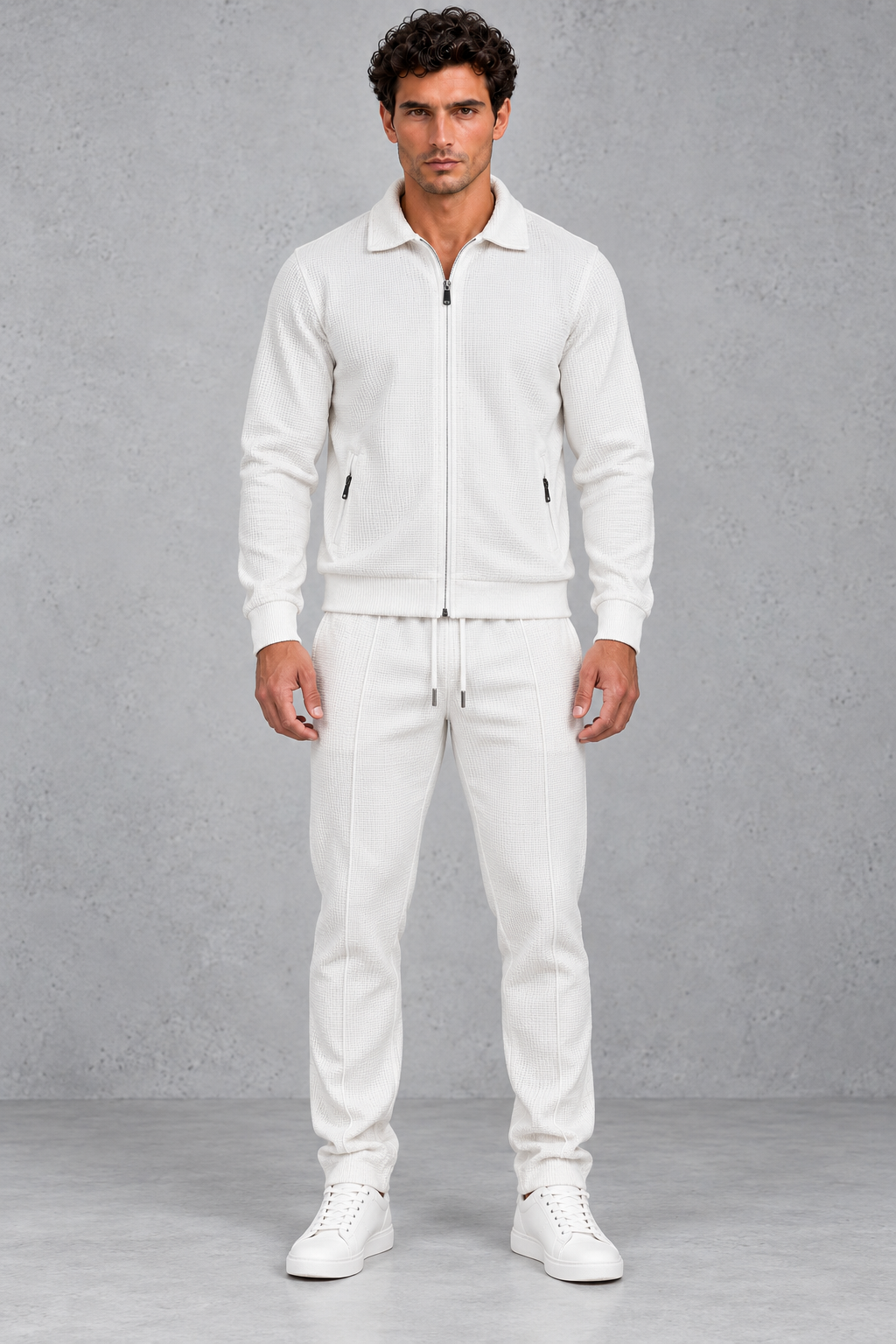 Men’s textured two-piece tracksuit with a full-zip collared jacket, ribbed trims and matching tapered drawstring joggers.