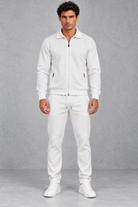 Men’s textured two-piece tracksuit with a full-zip collared jacket, ribbed trims and matching tapered drawstring joggers.