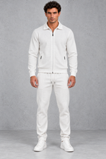Men’s textured two-piece tracksuit with a full-zip collared jacket, ribbed trims and matching tapered drawstring joggers.