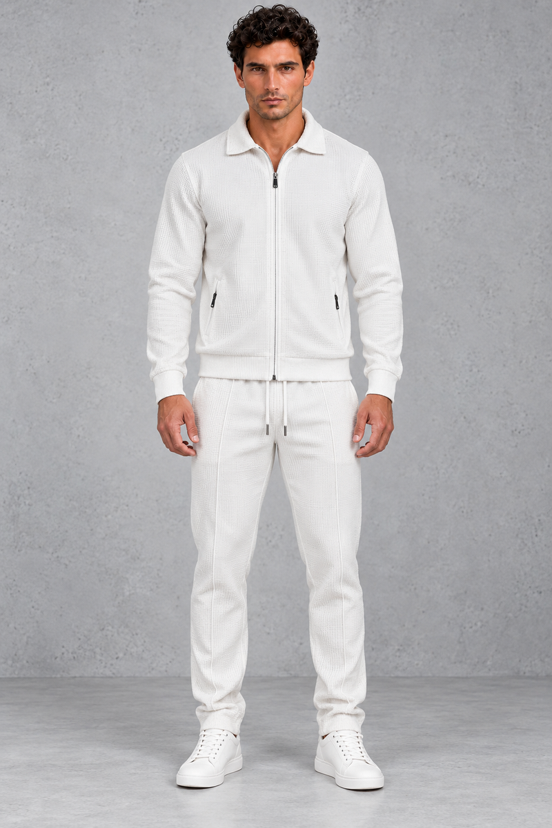 Men’s textured two-piece tracksuit with a full-zip collared jacket, ribbed trims and matching tapered drawstring joggers.
