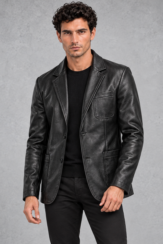 Men's Faux Leather Blazer in Black – front view