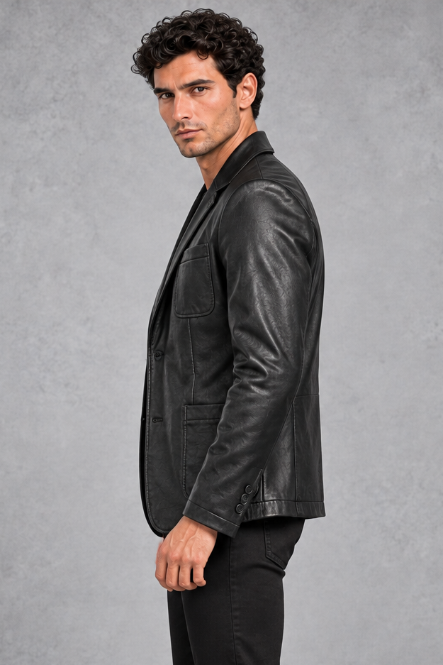 Men's Faux Leather Blazer in Black – side view