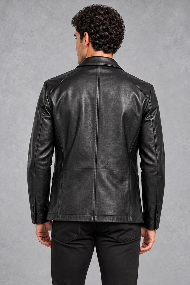 Men's Faux Leather Blazer in Black – back view