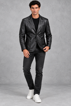 Men's Faux Leather Blazer in Black – full-length front view