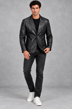 Men's Faux Leather Blazer in Black – full-length front view