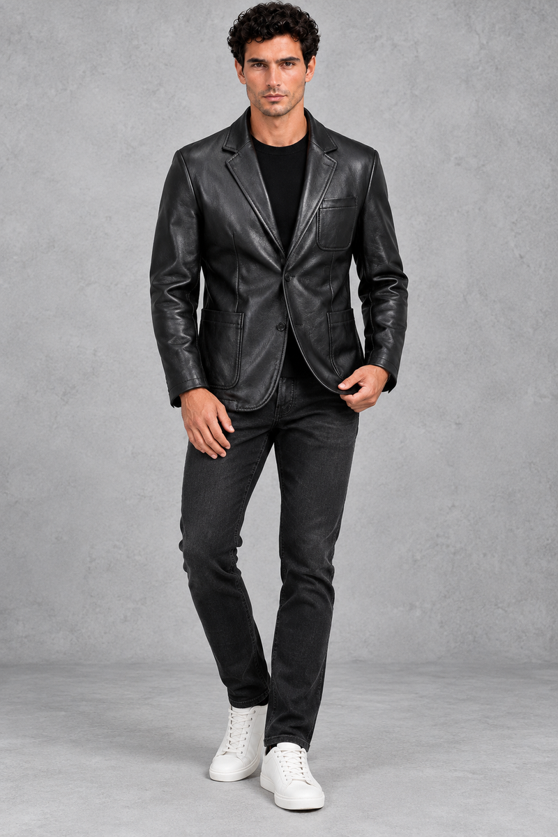 Men's Faux Leather Blazer in Black – full-length front view