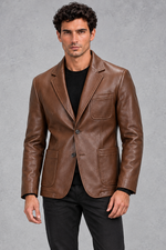 Men's Faux Leather Blazer in Brown – front view