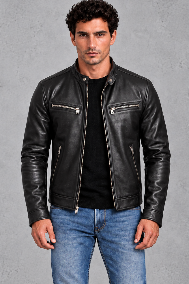 Men's Leather-Look Café Racer Jacket – Black