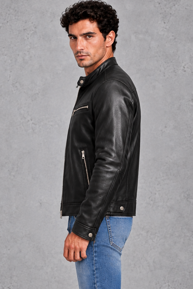Men's Leather-Look Café Racer Jacket – Black