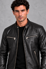 Men's Leather-Look Café Racer Jacket – Black