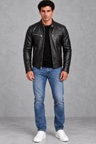 Men's Leather-Look Café Racer Jacket – Black