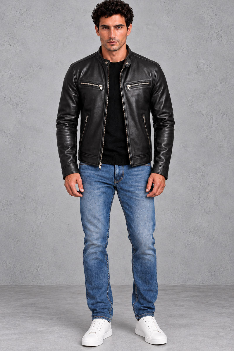 Men's Leather-Look Café Racer Jacket – Black
