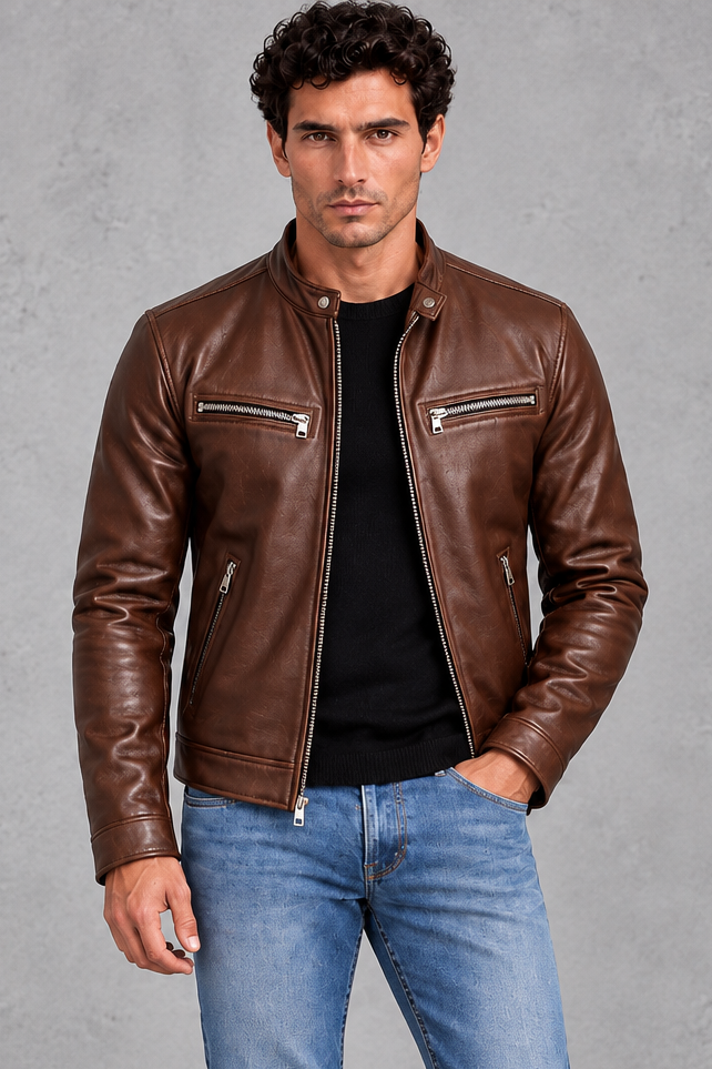 Men's Leather-Look Café Racer Jacket – Brown