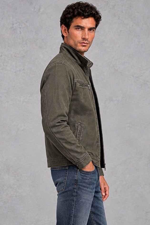 Men's Washed Vintage Zip Jacket – Army Green
