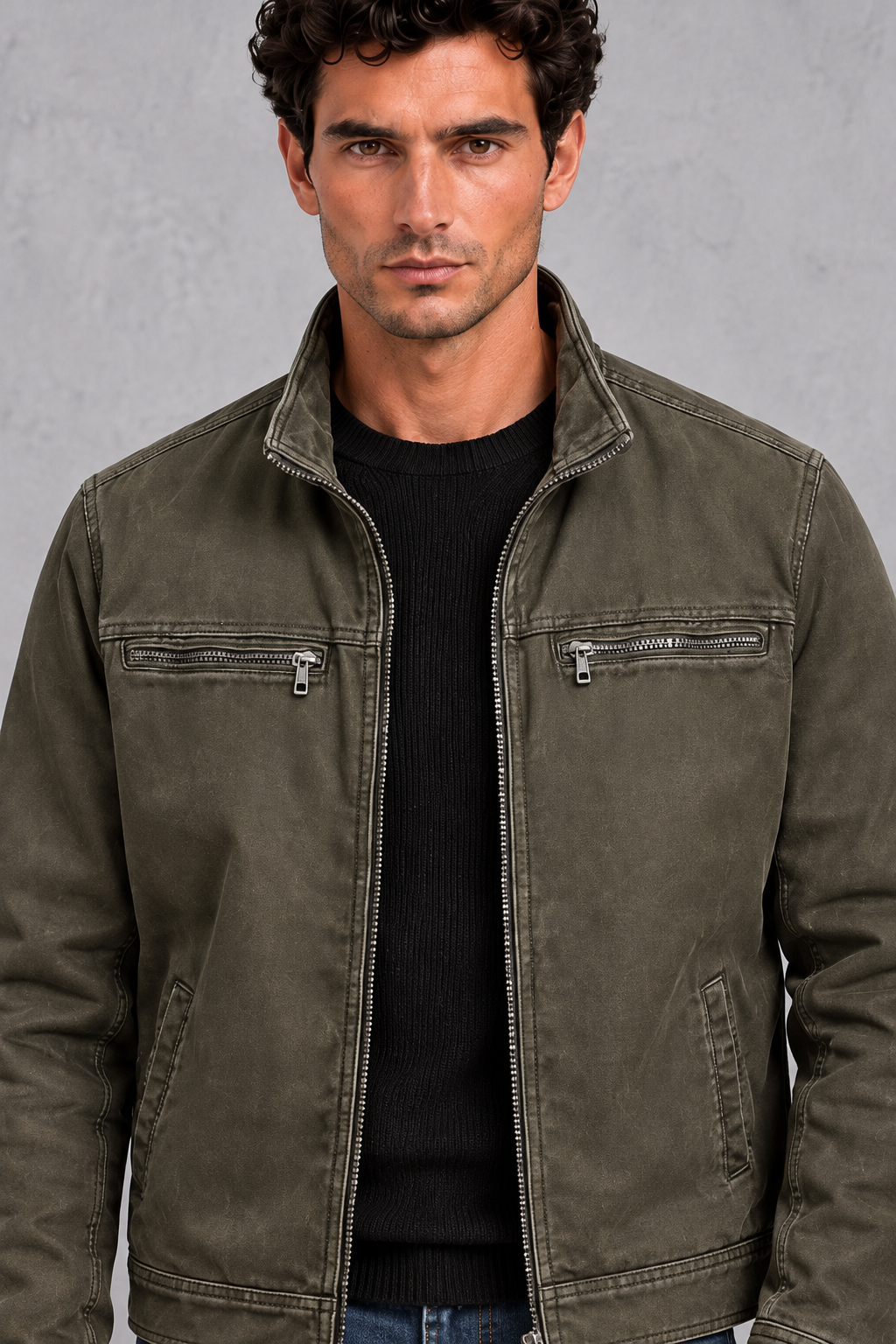 Men's Washed Vintage Zip Jacket – Army Green
