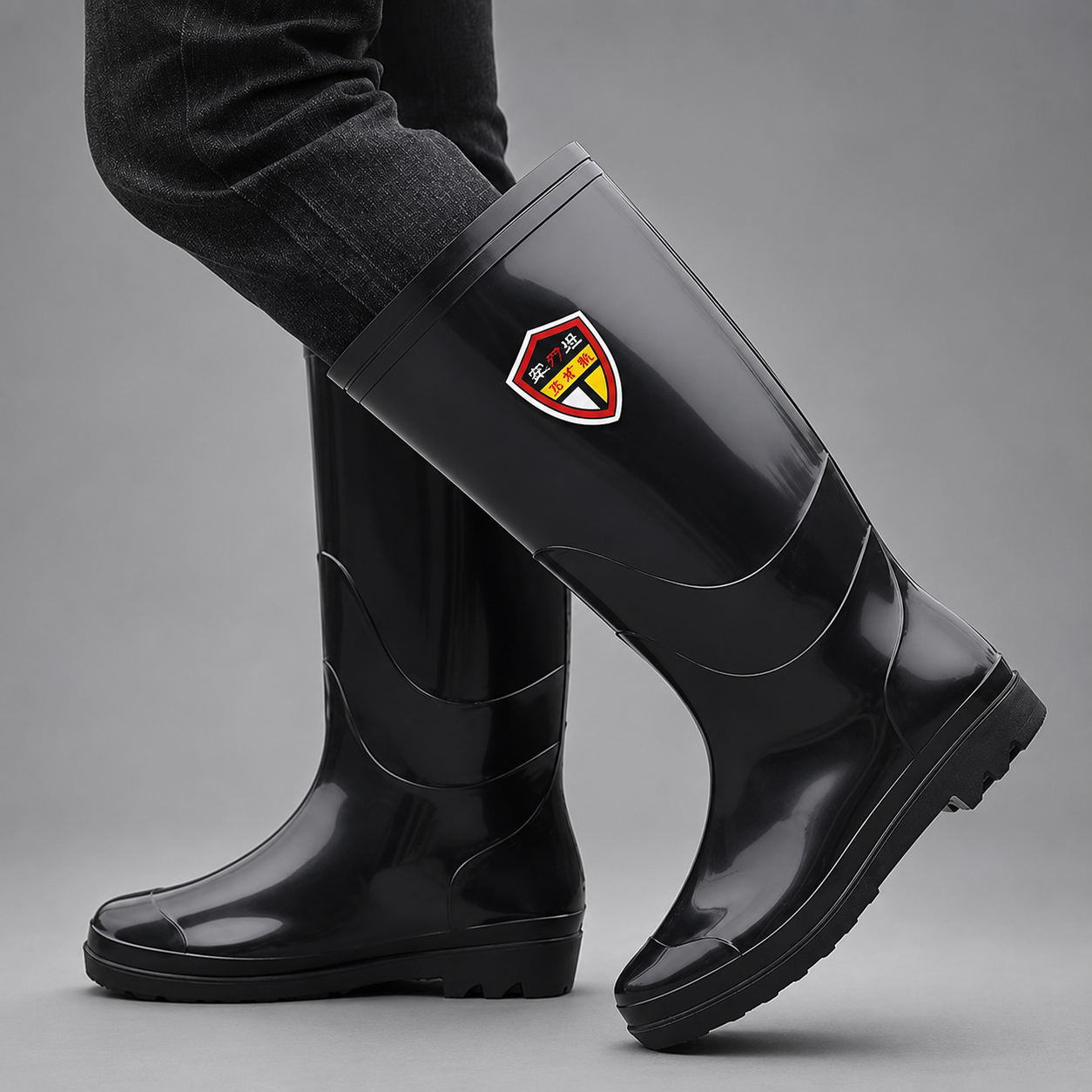 Men's tall waterproof Wellington boots with durable rubber construction, non-slip sole and pull-on design, suitable for construction work, farming, gardening, fishing and wet outdoor conditions.