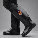 Men's tall waterproof Wellington boots with durable rubber construction, non-slip sole and pull-on design, suitable for construction work, farming, gardening, fishing and wet outdoor conditions.