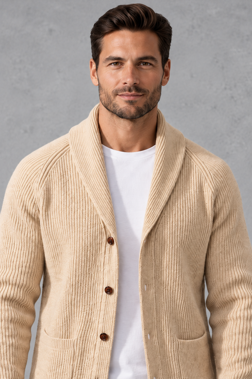 Men's Shawl Collar Cardigan in Cream – close-up