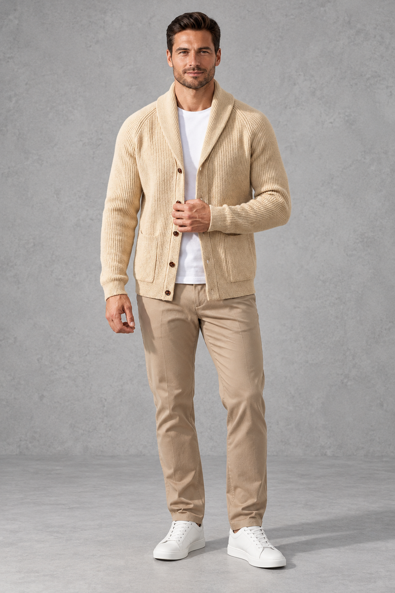 Men's Shawl Collar Cardigan in Cream – full-length view