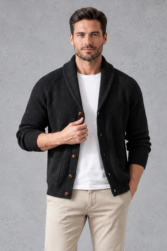 Men's Shawl Collar Cardigan in Black – front view