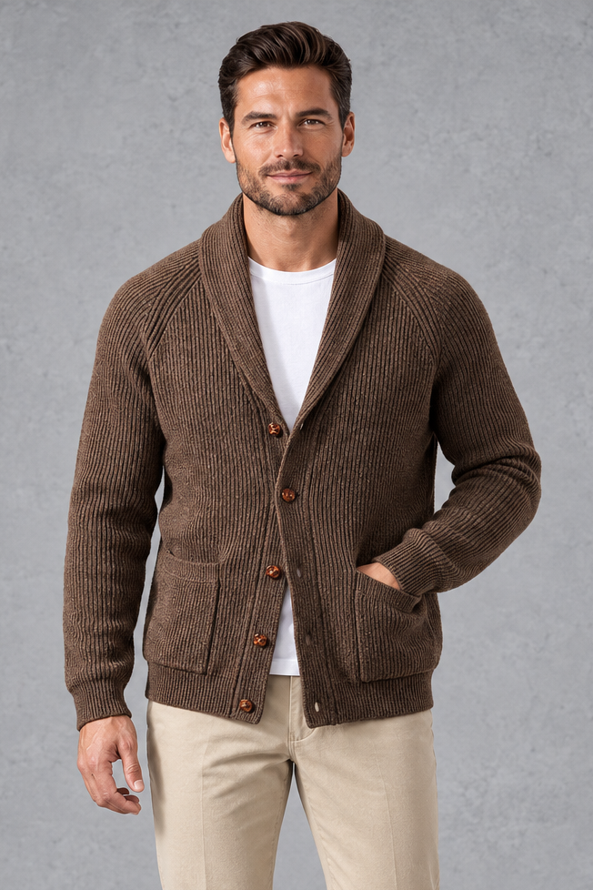 Men's Shawl Collar Cardigan in Brown – front view