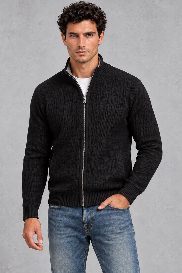 Men's Zip-Up Knitted Cardigan – Black