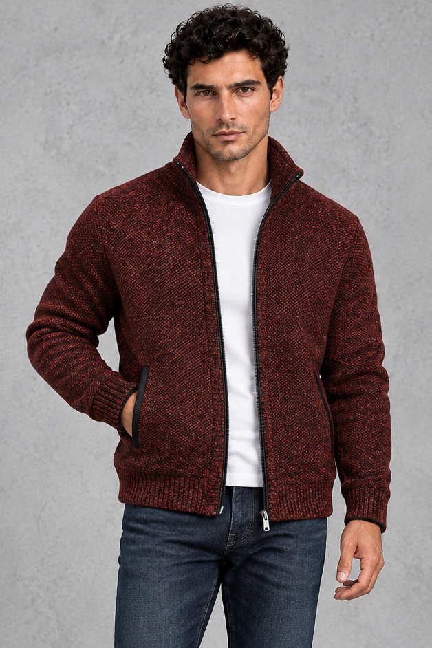 Men's Zip-Up Knitted Cardigan – Burgundy