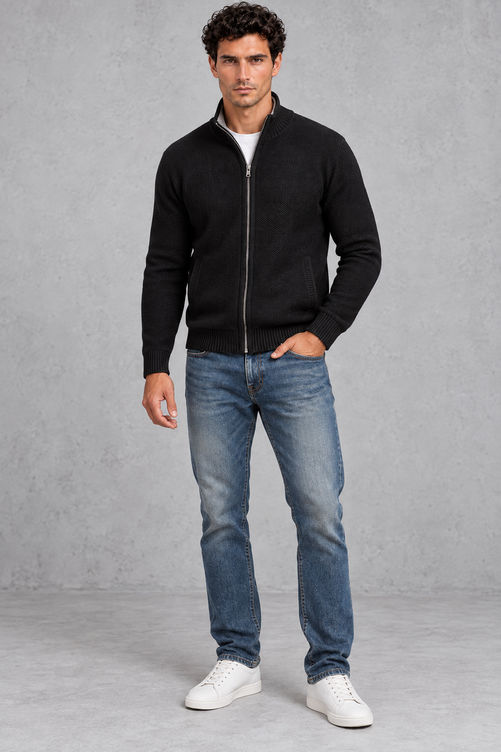 Men's Zip-Up Knitted Cardigan – Black