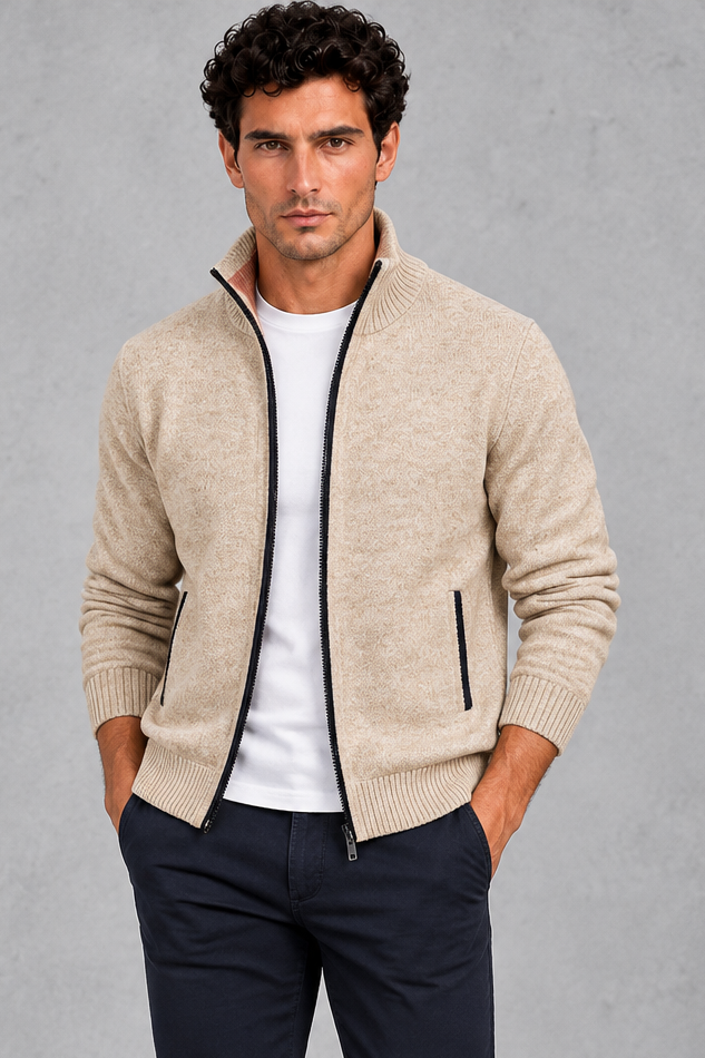Men's Zip-Up Knitted Cardigan – Beige