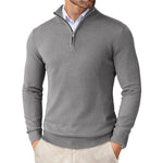 Man wearing a gray quarter-zip sweater on a white background
