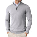 Man wearing a gray quarter-zip sweater on a white background