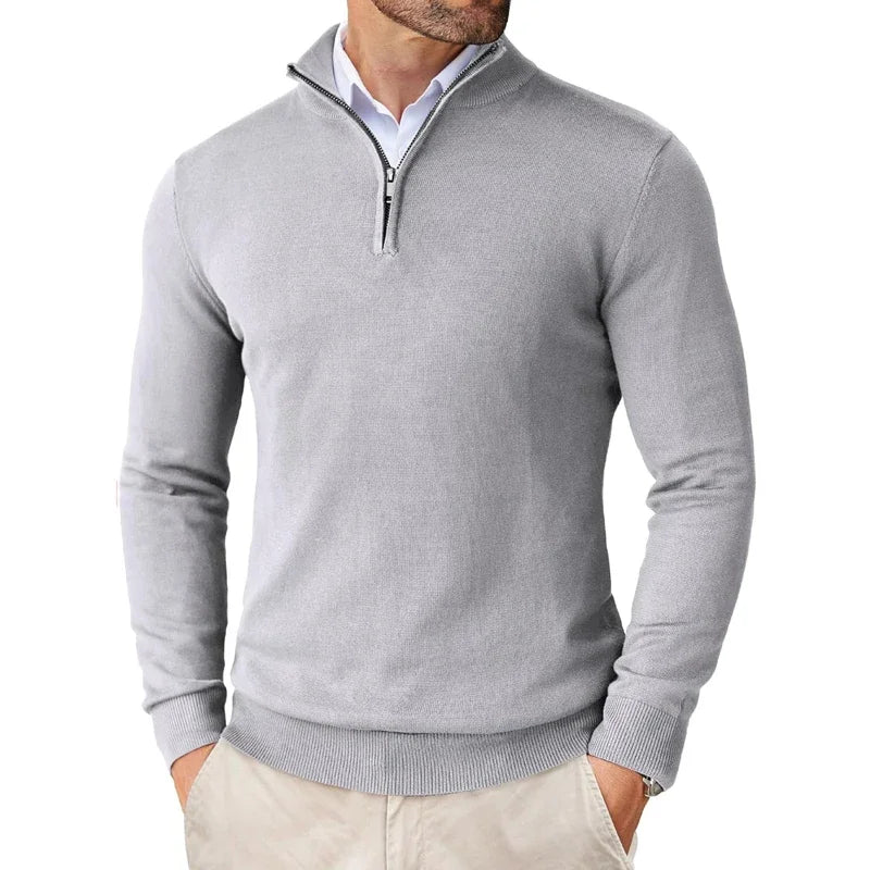 Man wearing a gray quarter-zip sweater on a white background