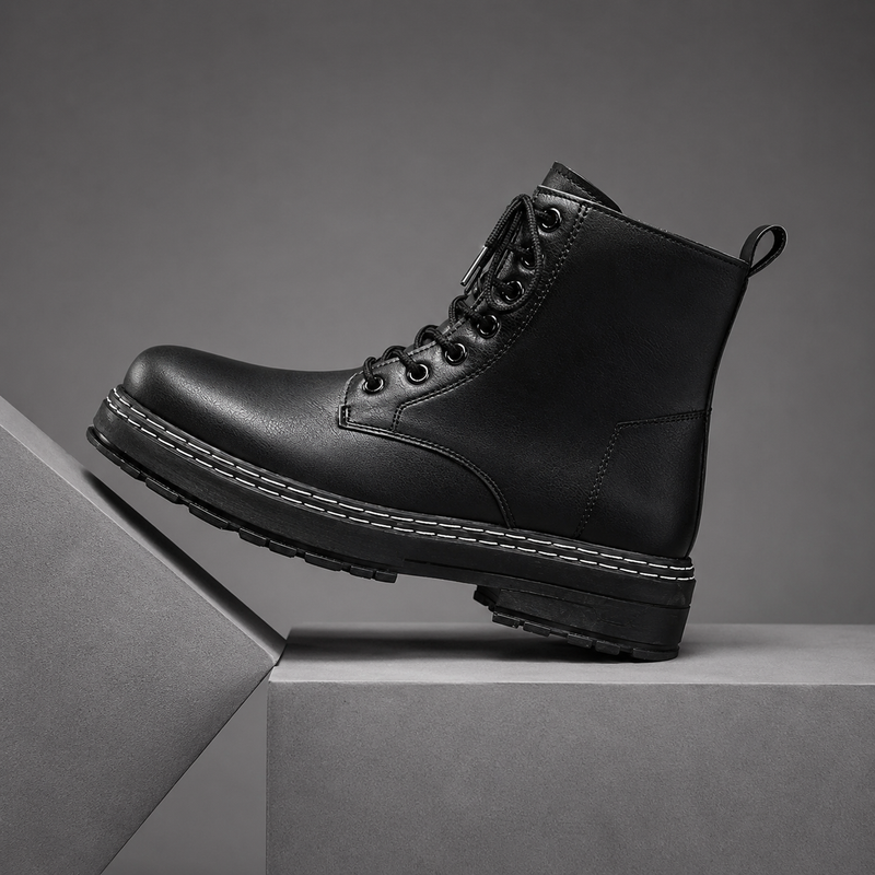 Men's high-top hiking boots with lace-up fastening, cushioned insole and slip-resistant PVC sole, designed for hiking, walking and everyday outdoor wear.