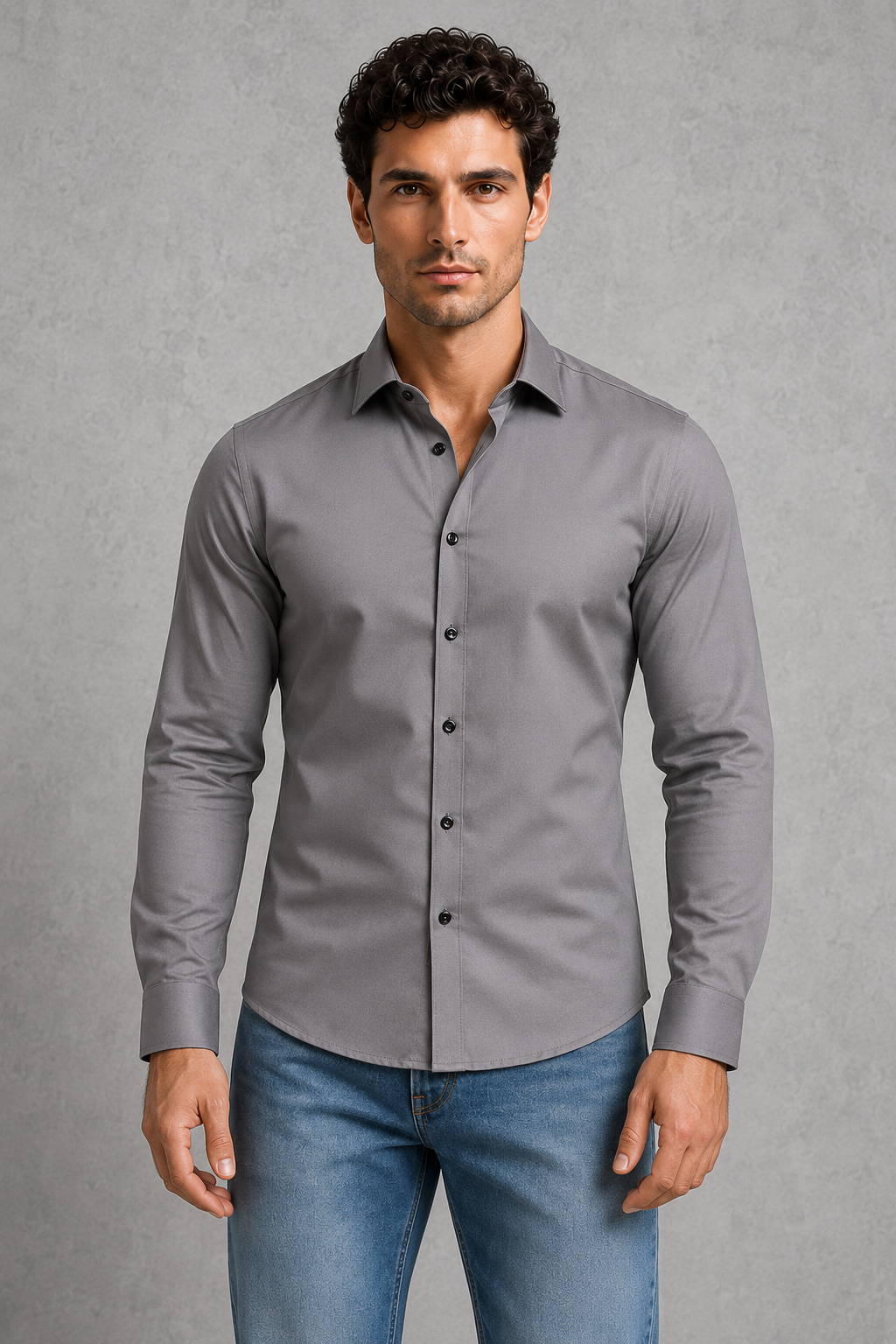 Man wearing a gray dress shirt and blue jeans against a gray background