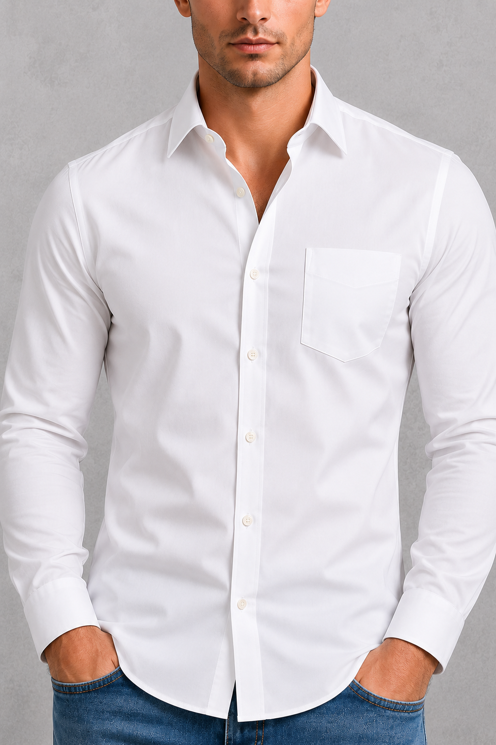 Man wearing a white dress shirt against a gray background