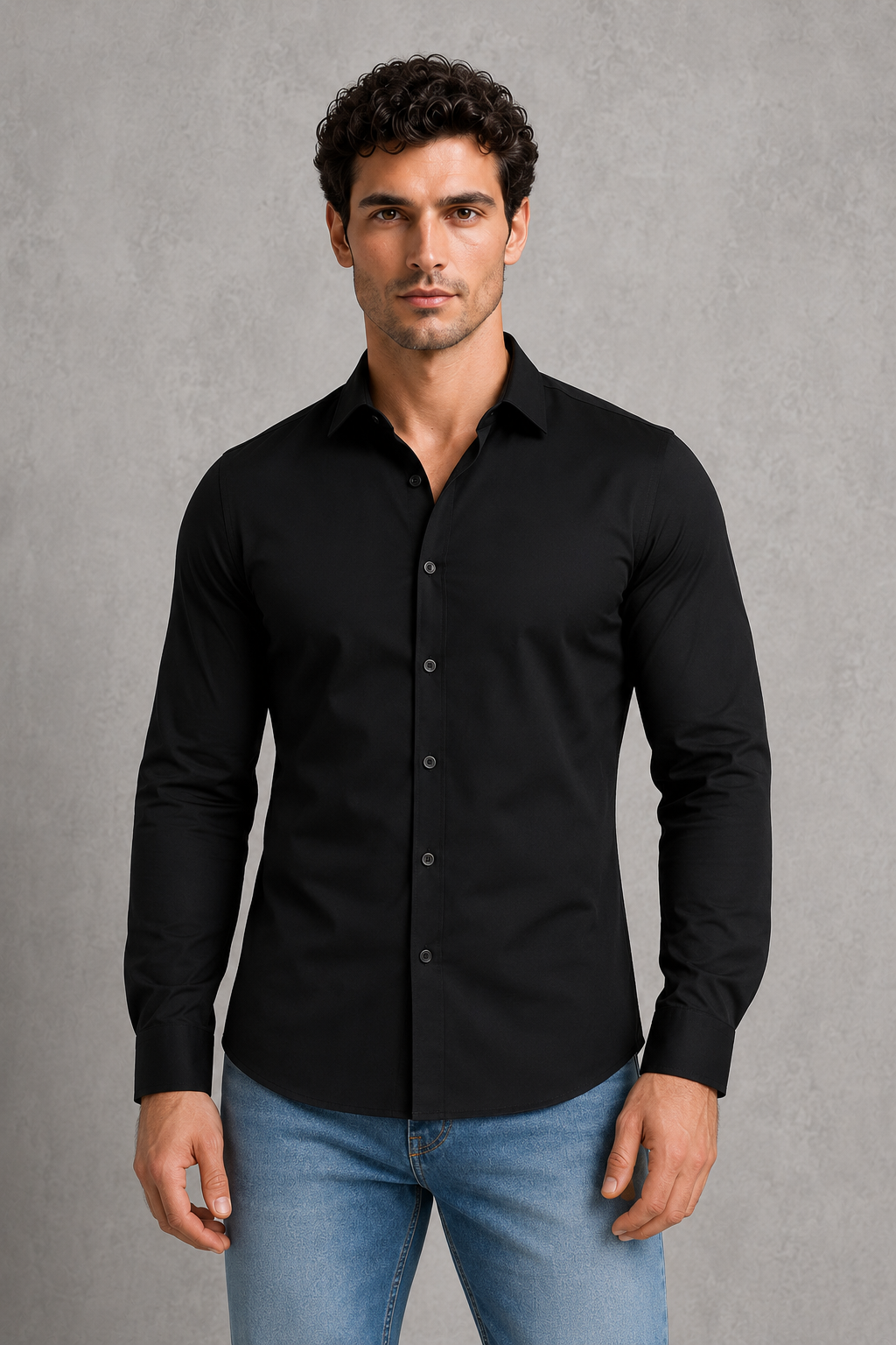 Man wearing a black shirt and blue jeans against a gray background