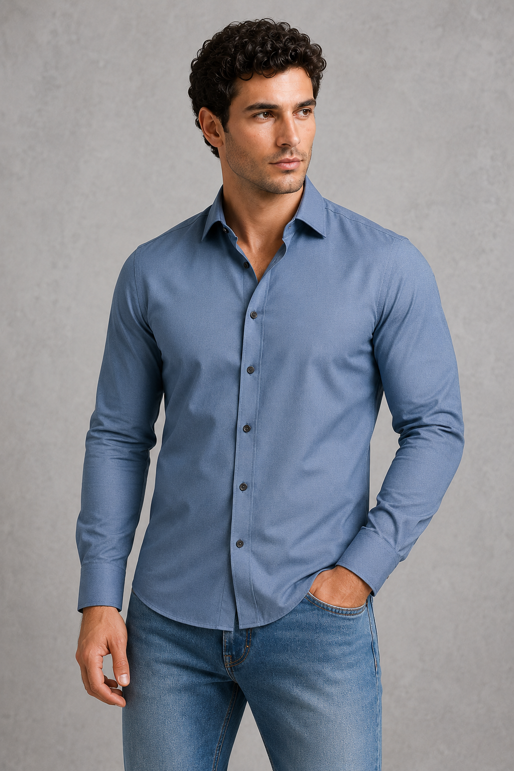 Man wearing a blue shirt and jeans against a gray background