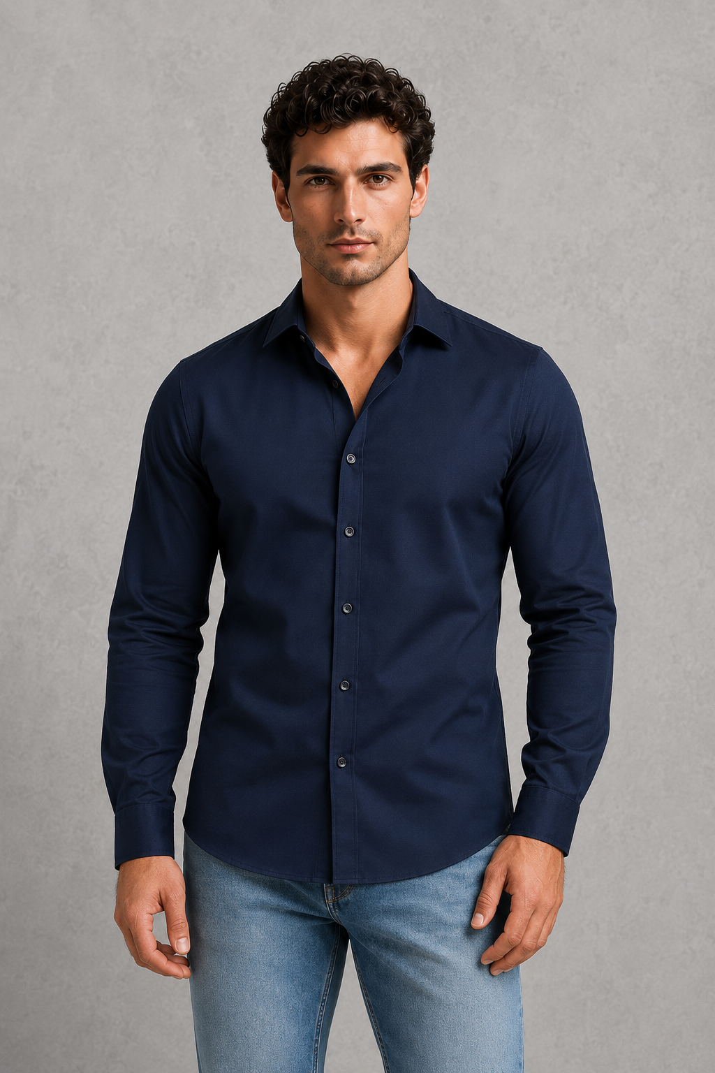 Man wearing a navy blue shirt and light blue jeans against a gray background