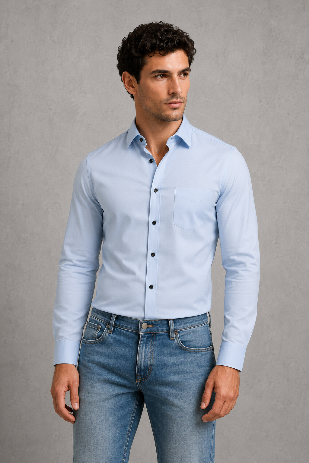 Man wearing a light blue shirt and jeans against a gray background