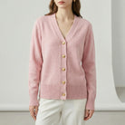 Pink cardigan with gold buttons worn by a person on a white background