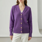 Purple cardigan with gold buttons worn by a person on a white background