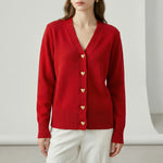 Red cardigan with heart-shaped buttons worn by a person on a plain background